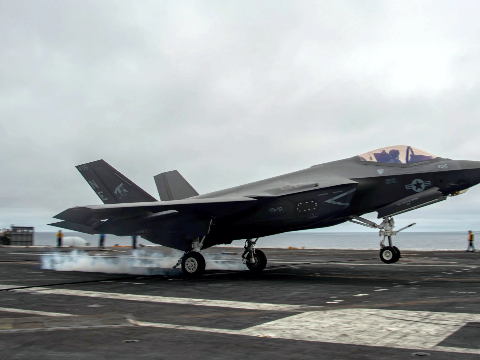 An F-35C landing on the deck of USS Nimitz in the Pacific Ocean