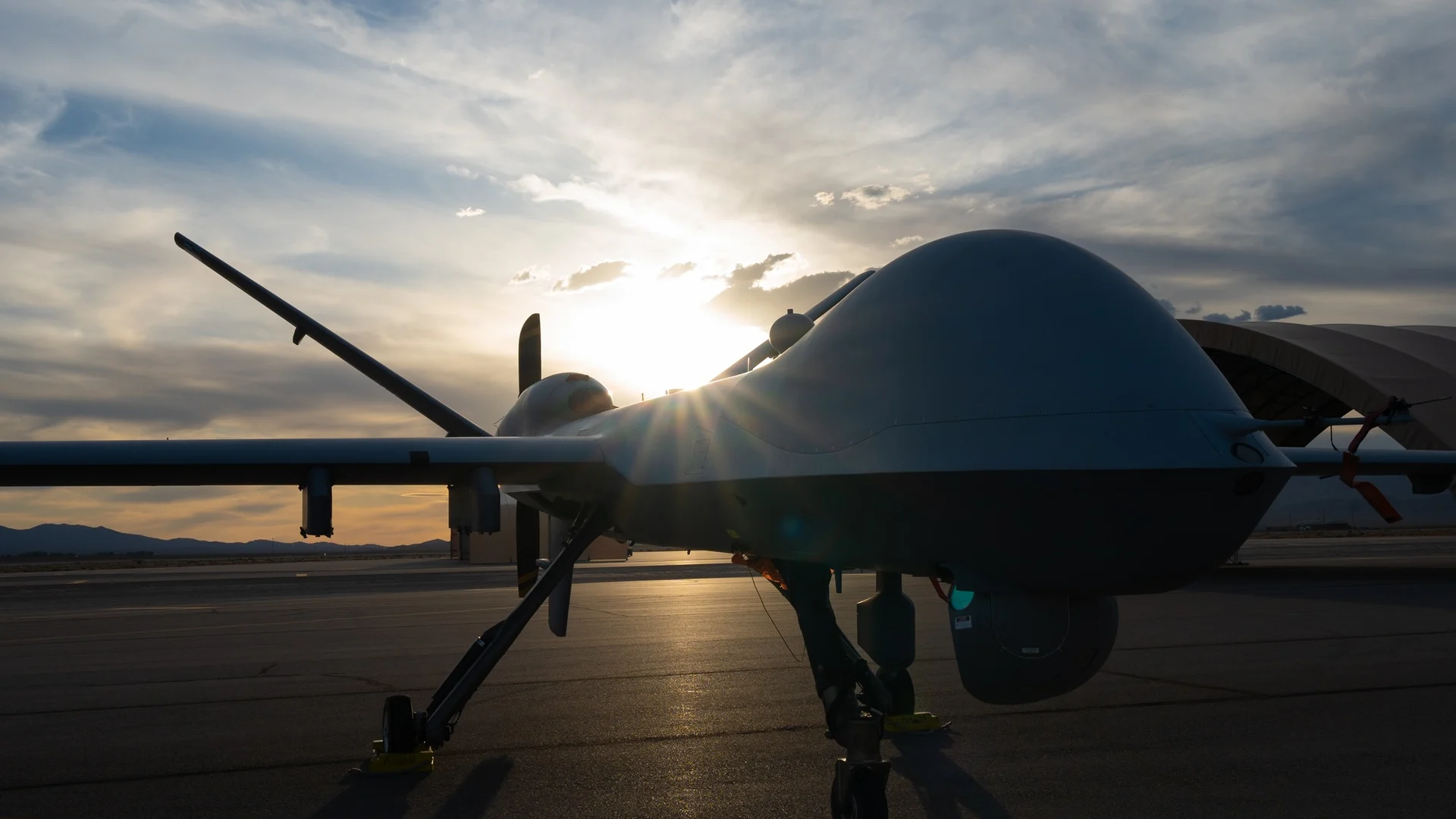 Close view of an MQ-9 Reaper at sunset at Creech Air Force Base, Nevada, 2025