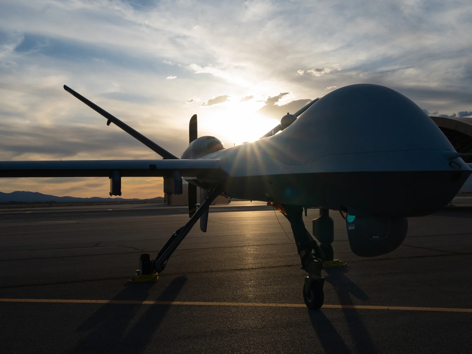 MQ-9 Reaper parked at sunset at Creech Air Force Base, Nevada, in 2025