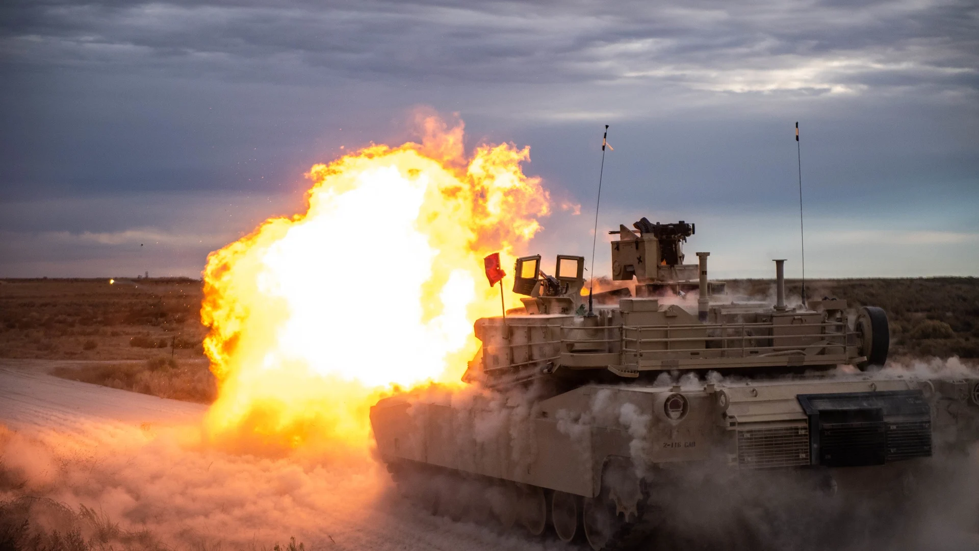 Abrams tank during night-firing training in Idaho, 2019